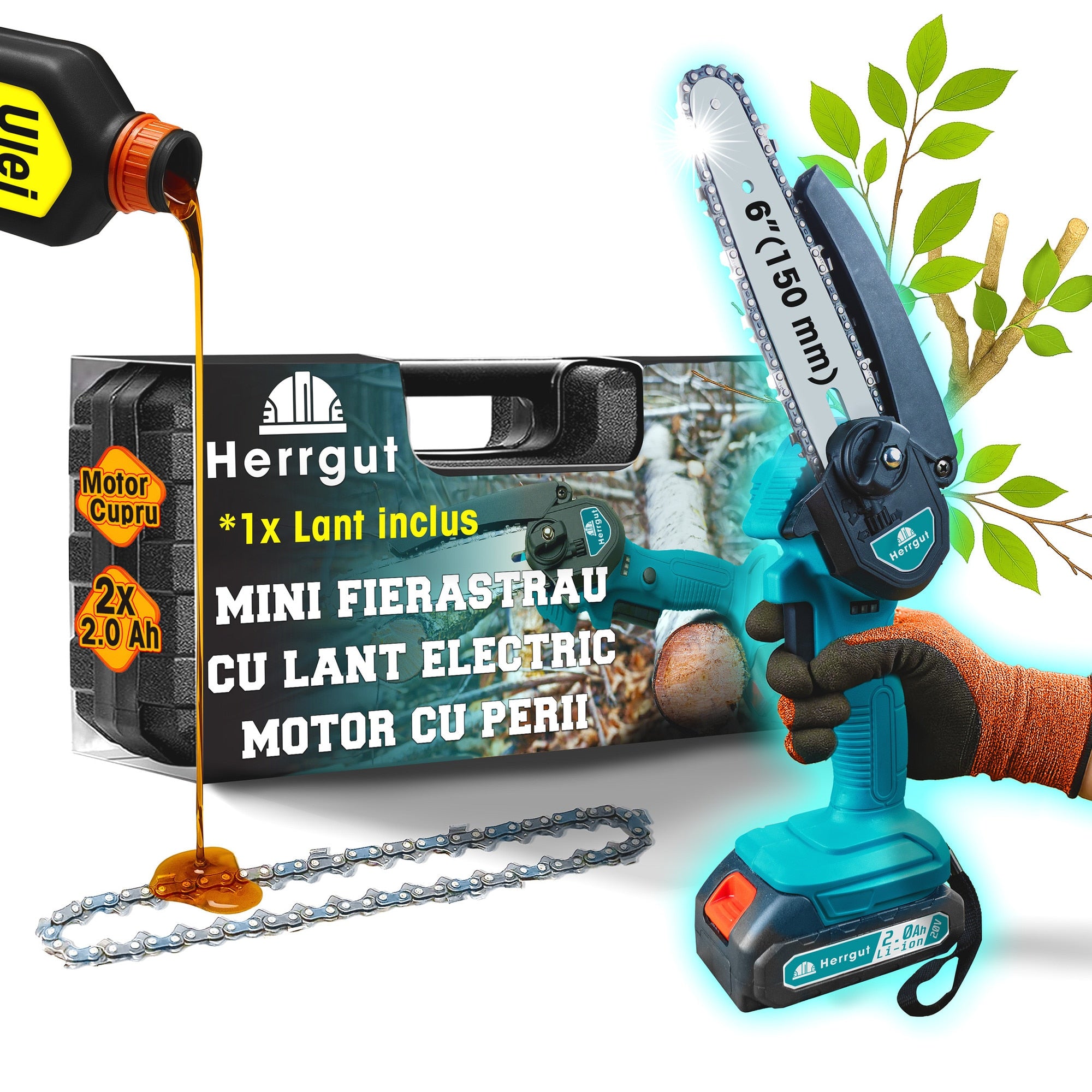 Mini fierastrau electric cu lant Herrgut, motor cu perii, 6 inch