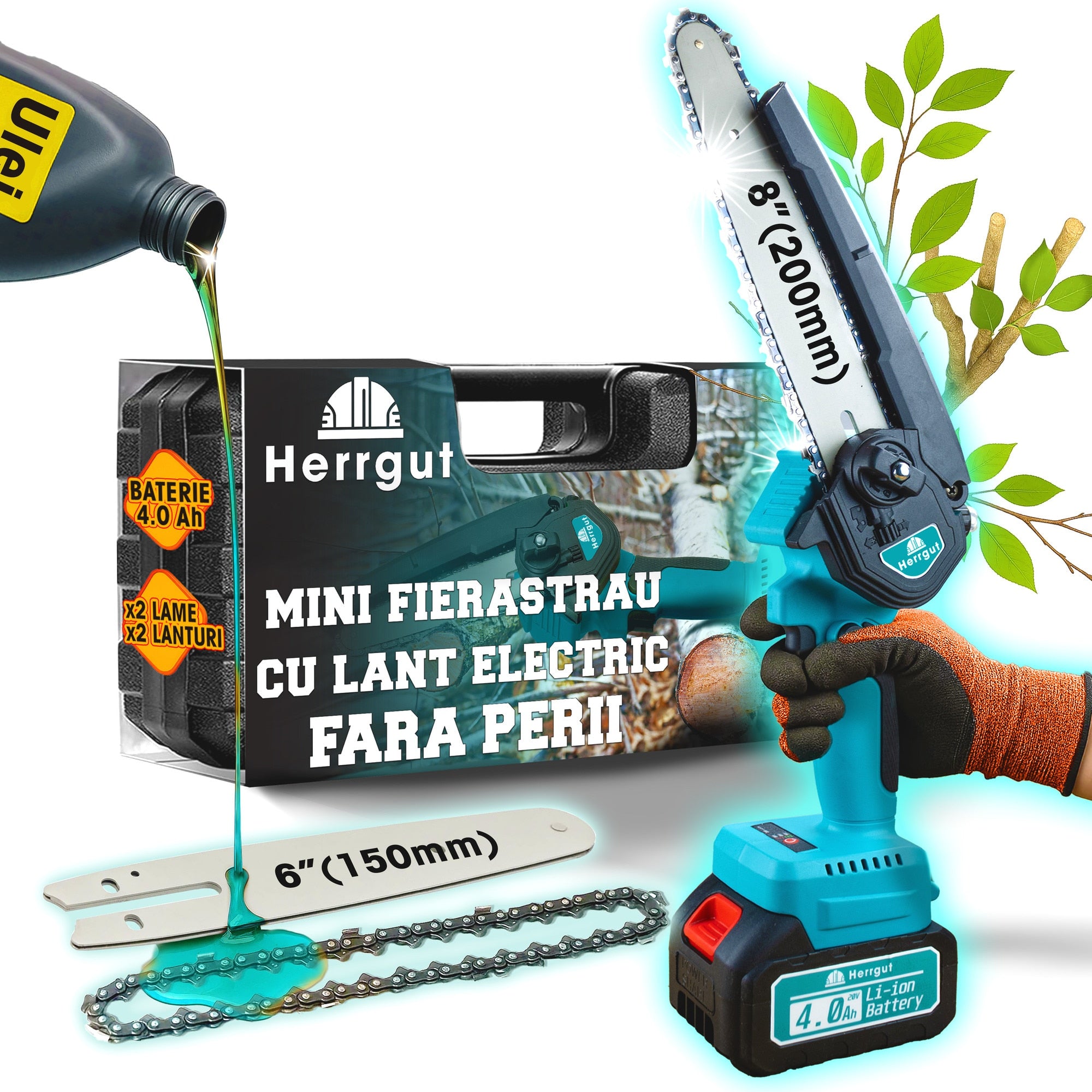 Mini fierastrau electric cu lant Herrgut, motor fara perii, 8 inch