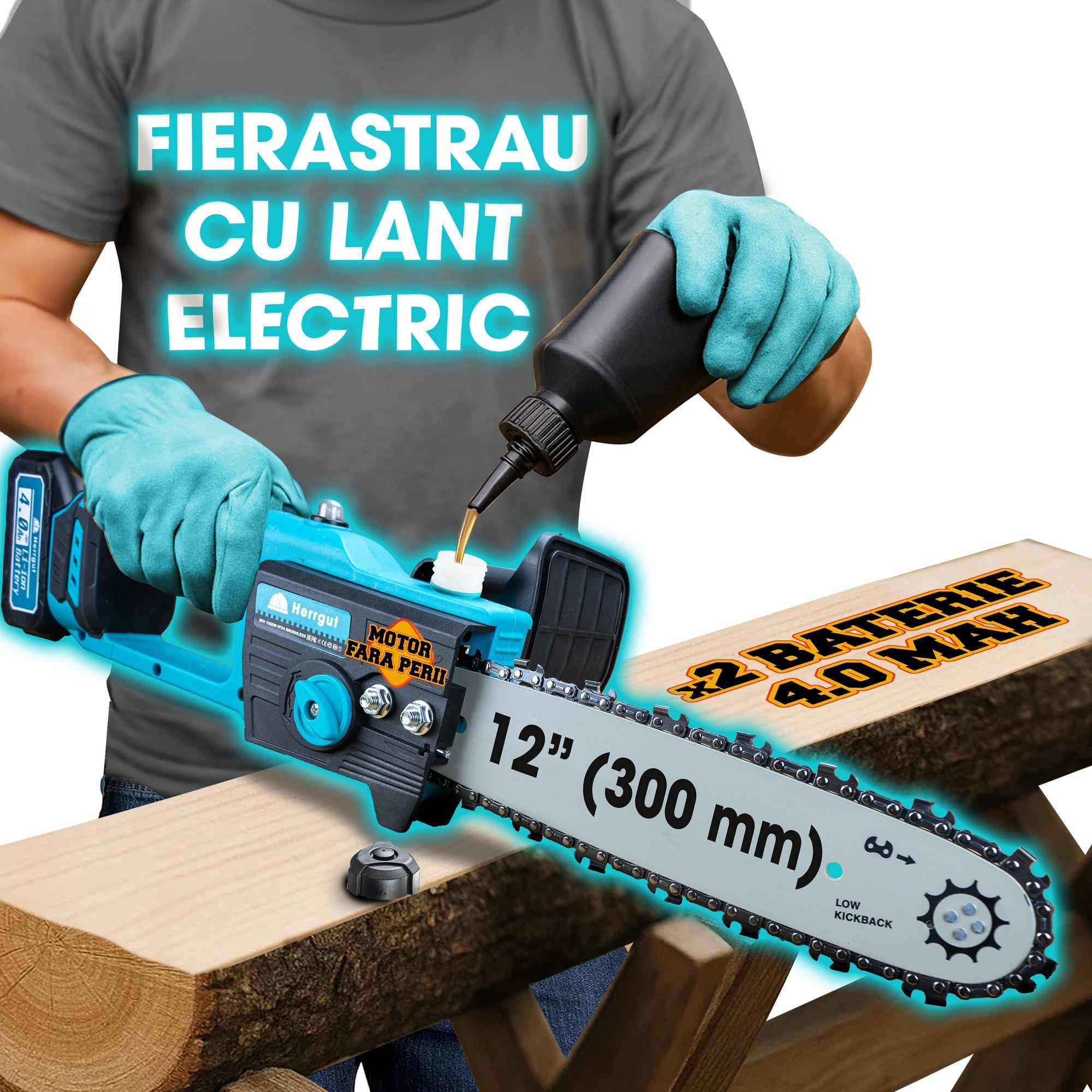 Mini fierastrau electric cu lant Herrgut, motor fara perii, 12 inch