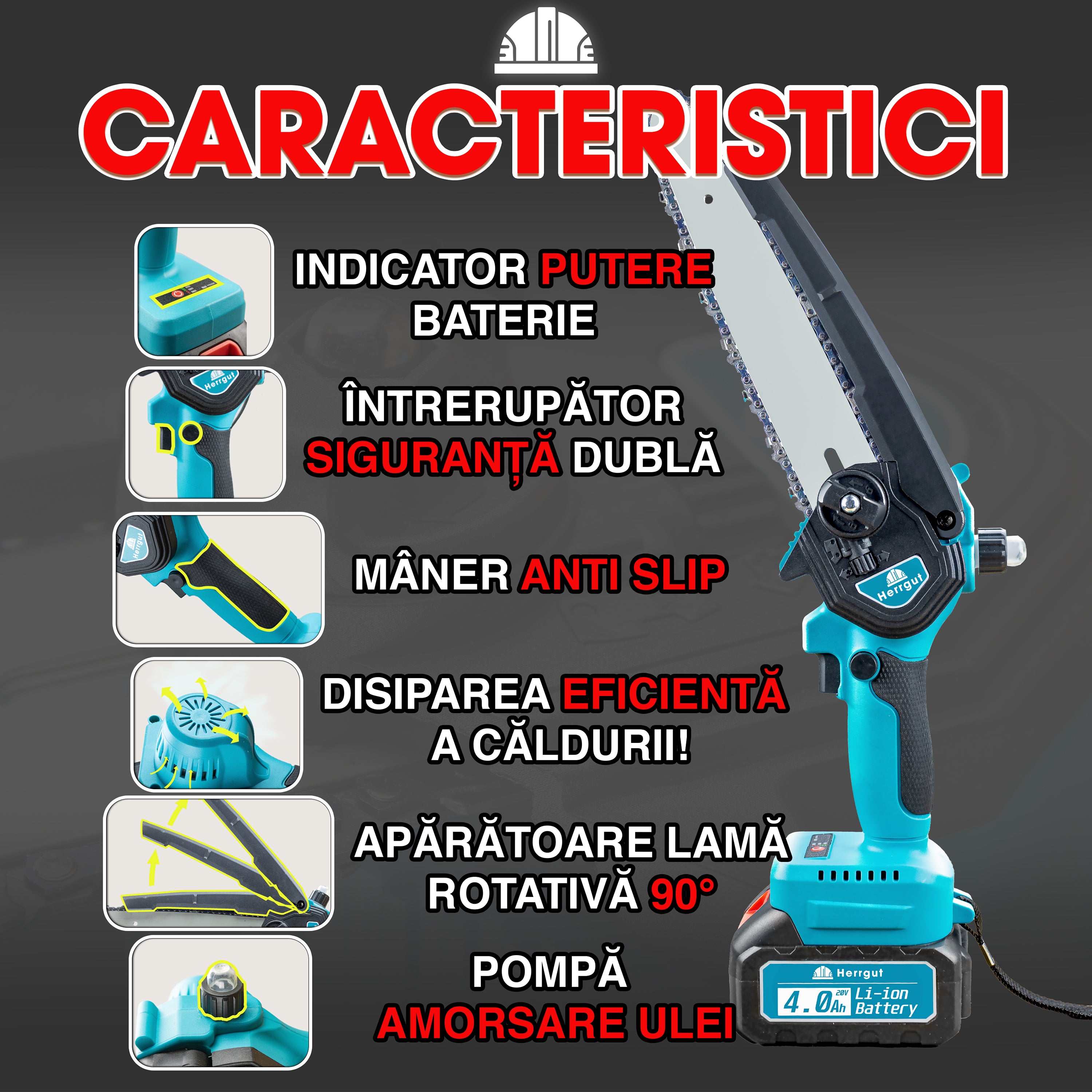 Mini fierastrau electric cu lant Herrgut, motor fara perii, 8 inch