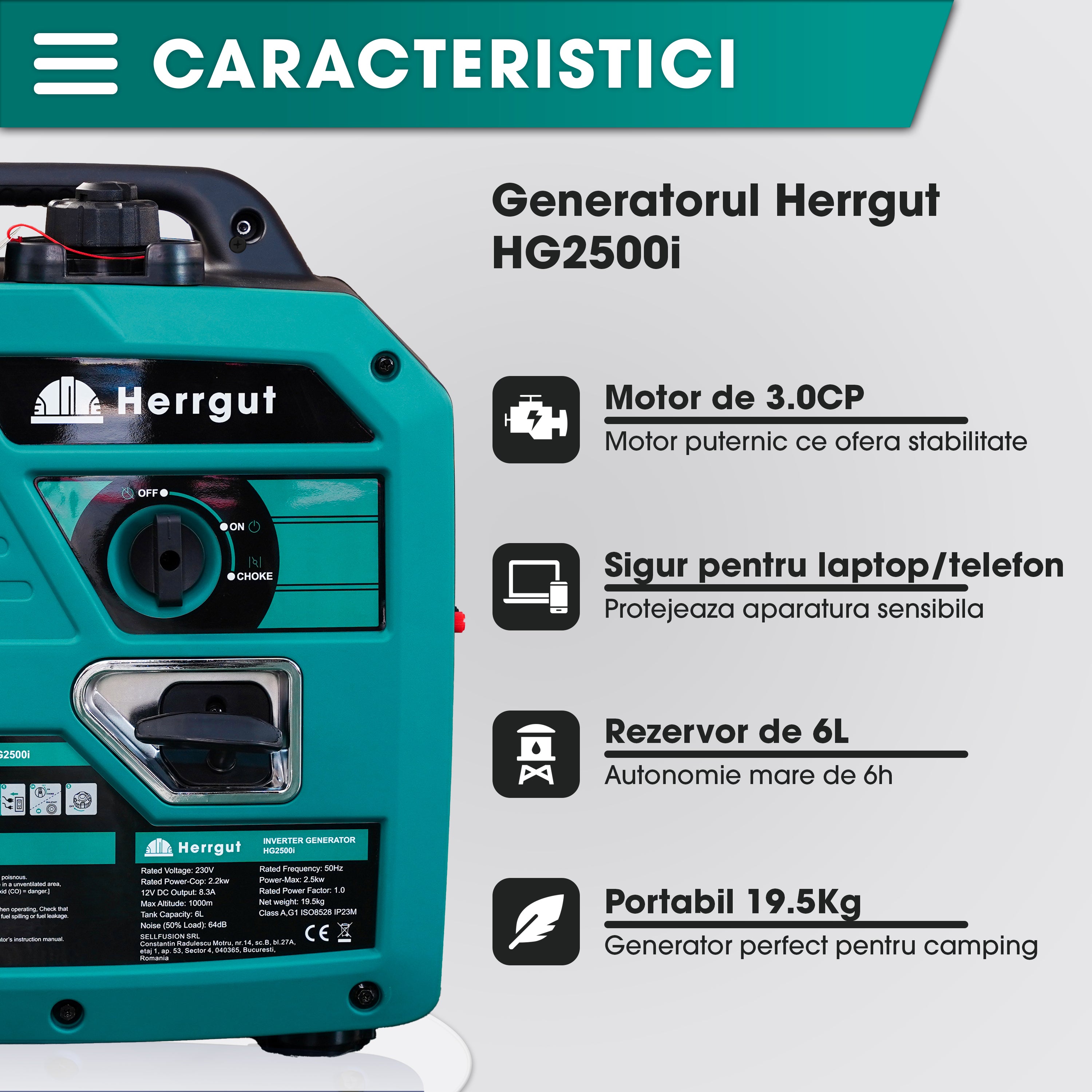Generator curent electric cu invertor Herrgut HG2500i pe benzina